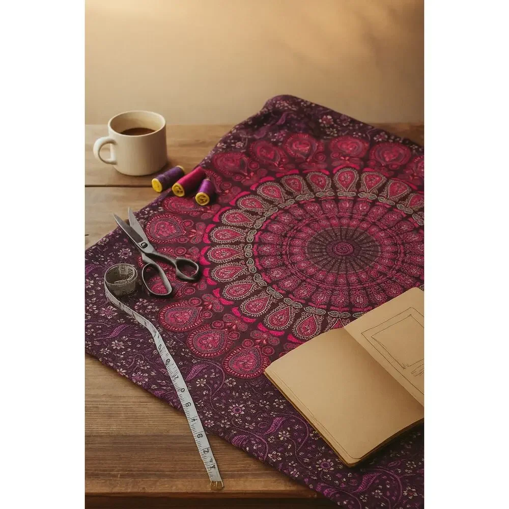 Boho Mandala Cotton Fabric | Purple Pink Tapestry Print | 81x53” | 100% Cotton